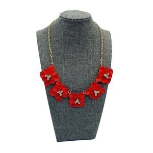 Ballet Brand Red Large Metal Flowers Rhinestone Statement Necklace 16” New